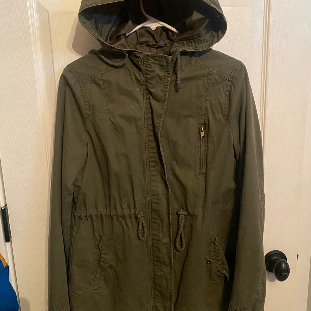 Ambiance Women's SZ M Utility Jacket Military Style Hooded Olive Green Full Zip